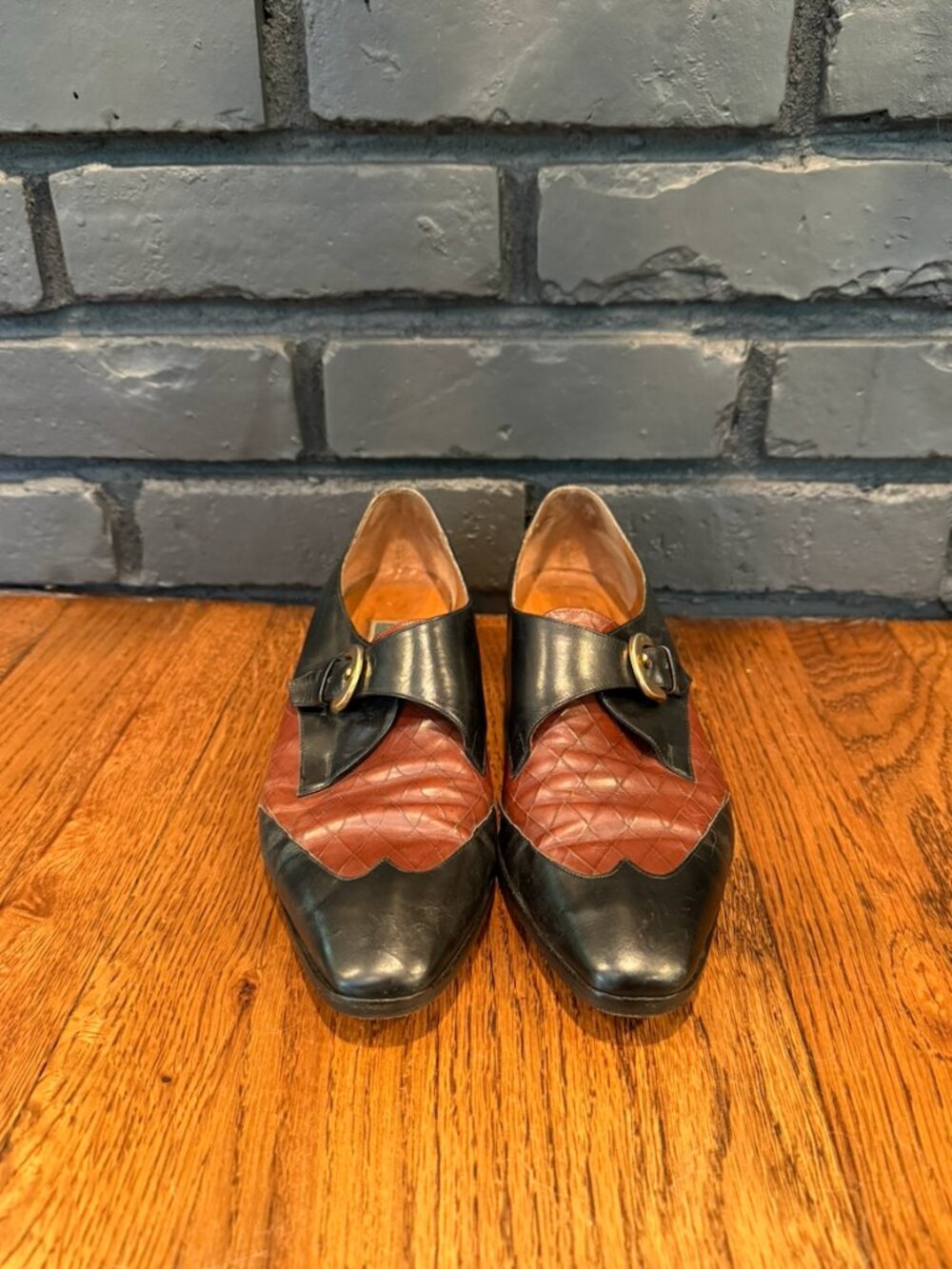 Vintage Cole Haan Black and Brown Leather Monk Strap Wingtips Heels Loafers 8.5